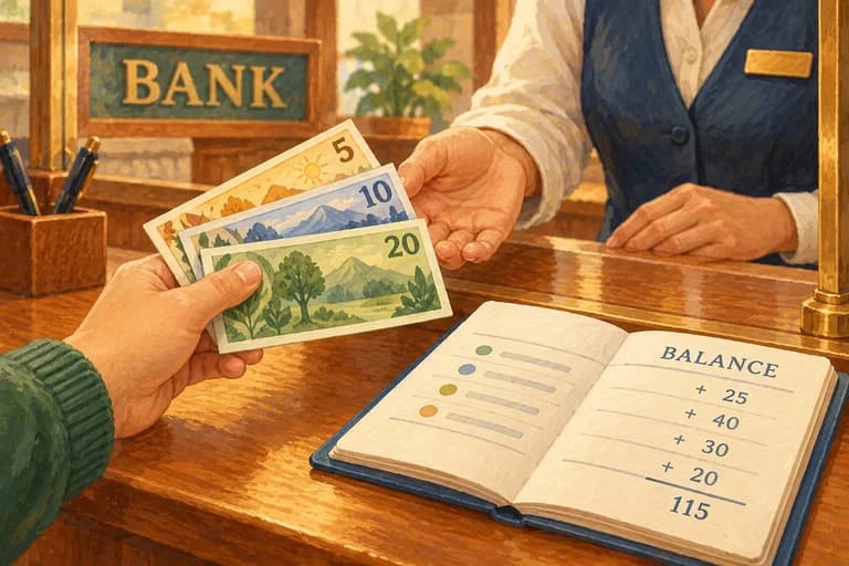 A customer handing banknotes to a bank teller beside an account balance record.