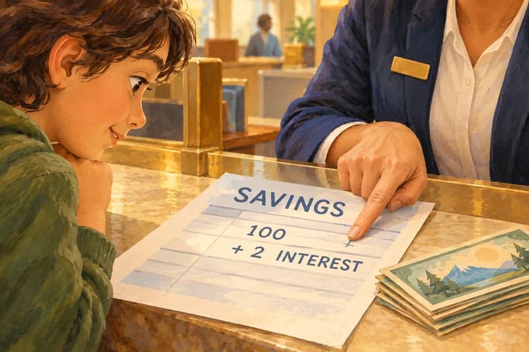 A bank teller pointing to an added interest payment on a fictional savings statement.