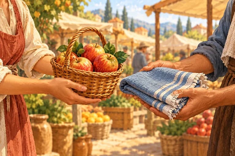 Two people offering apples and folded cloth to each other at a market.