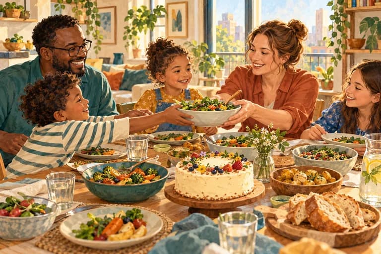 A family shares a celebration meal around a cake and bowls of food at an apartment table.