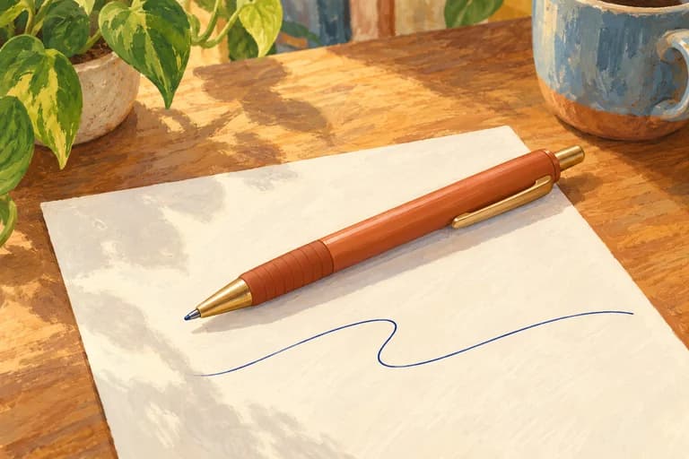 A retractable pen beside a curved ink line.