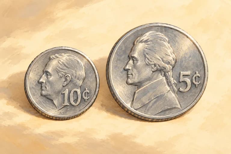 A smaller silver coin marked 10 cents beside a larger one marked 5 cents.