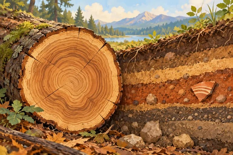 Growth rings on a tree trunk beside layers of earth.