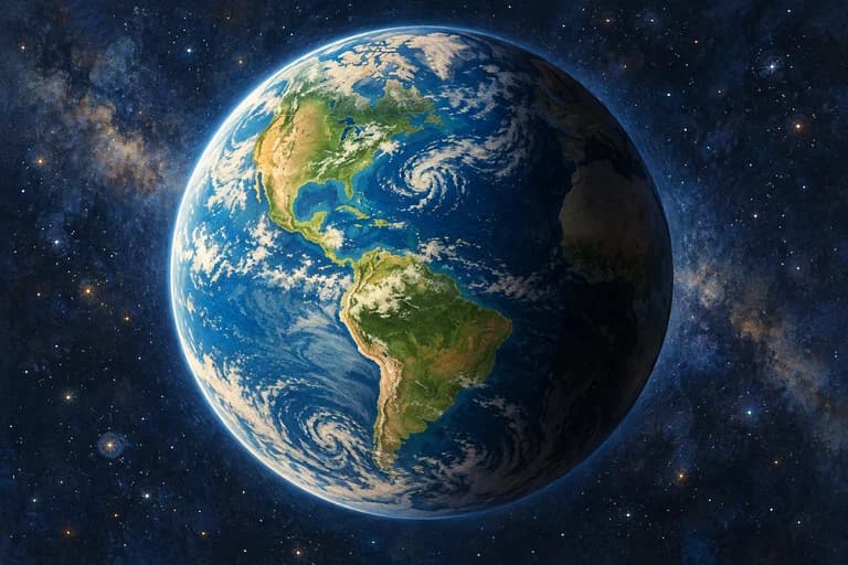 Earth in space with a sunlit side and a shadowed side.