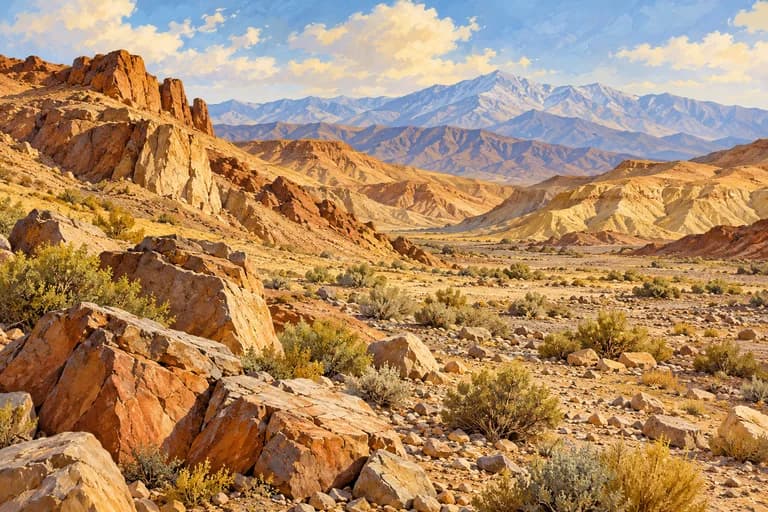 A dry rocky landscape with sparse scrub and distant mountains.