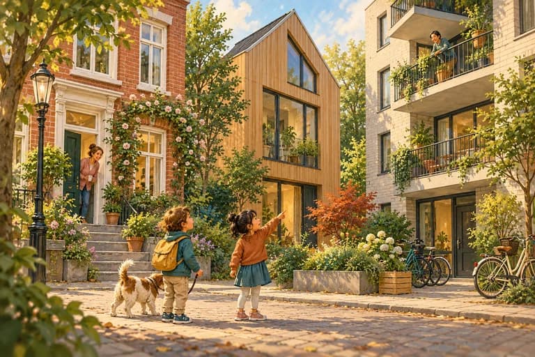 Children compare a brick townhouse, a timber home and an apartment building on a city street.