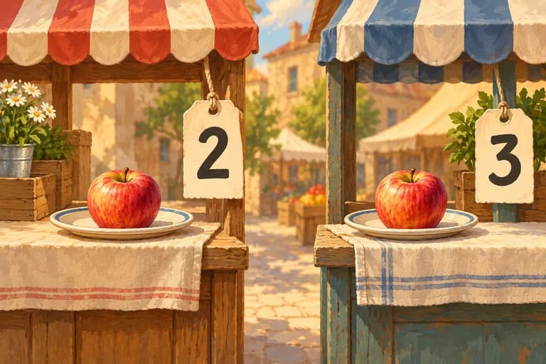 Matching apples at two market stalls with pretend price tags of 2 and 3.