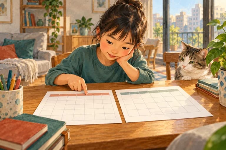 A child compares two paper calendars at a bright apartment table.