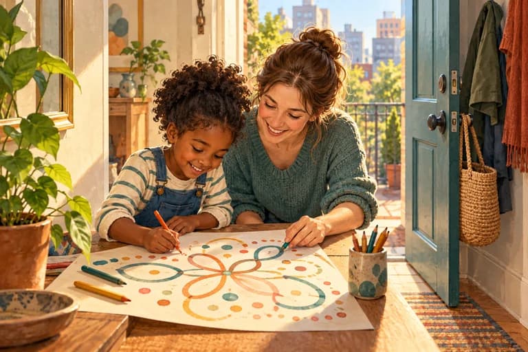 A child and adult draw an original colorful paper pattern beside an apartment doorway.