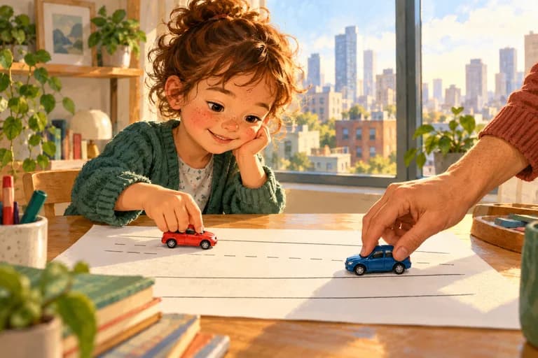 Two toy cars facing opposite ways on a paper road.