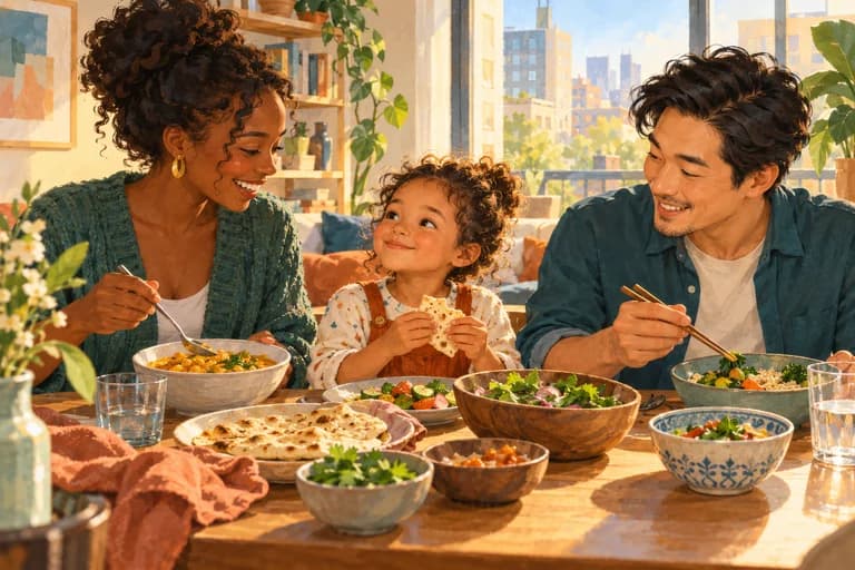 Hands, a spoon and chopsticks beside a family meal.