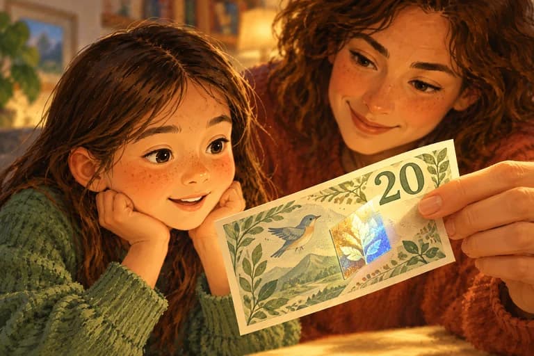 A parent and child inspecting a shiny security patch on an illustrated banknote.