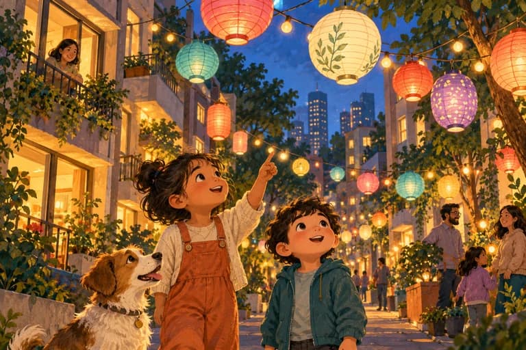Children notice colorful electric lanterns and string lights on a city street.