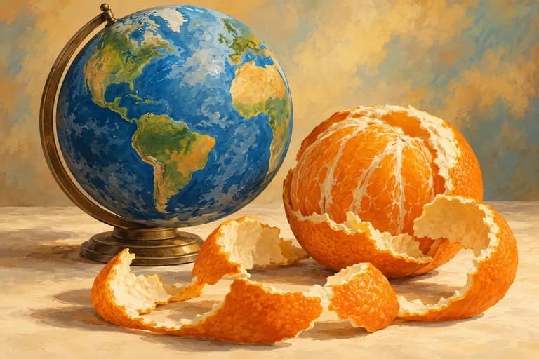 A globe beside a peeled orange and curved pieces of peel.