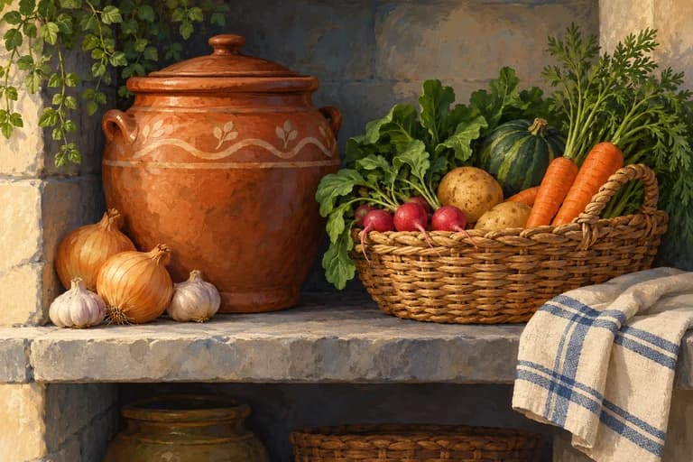 A storage jar and a basket of vegetables on a shaded shelf.