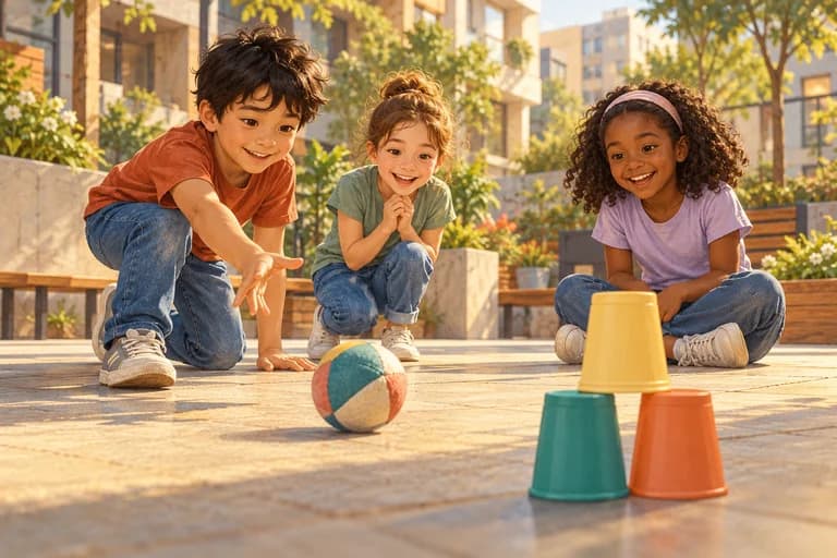 Children play a safe cup-stack game with a soft cloth ball.