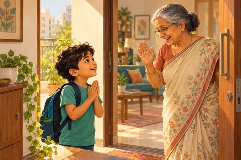 A child holding palms together greets a grandparent who waves.