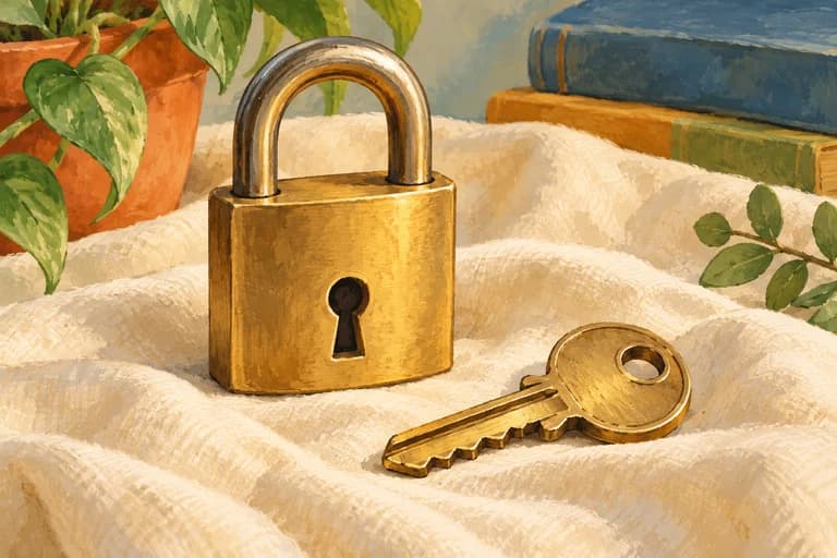 A brass padlock and a shaped key on cream cloth.