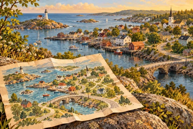 A small painted map beside the coastal town it represents.