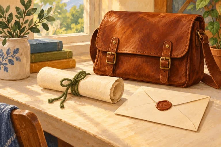 A tied paper message, envelope, and messenger pouch.