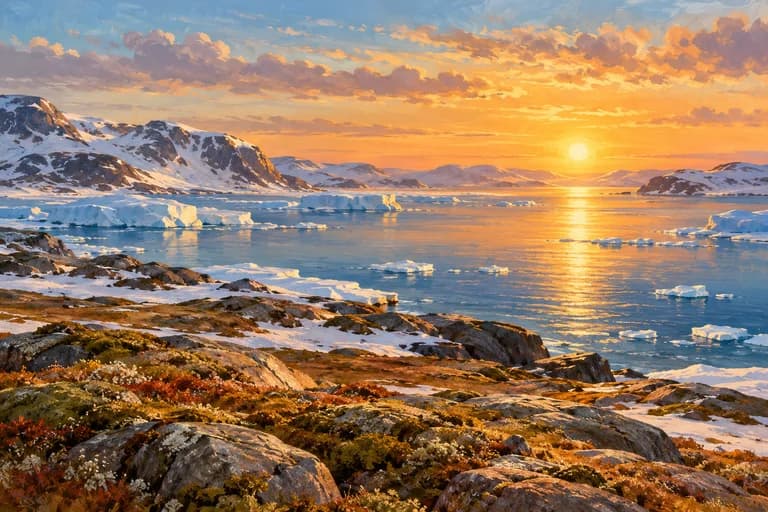 A low Sun lights an empty polar coast with ice and snow.