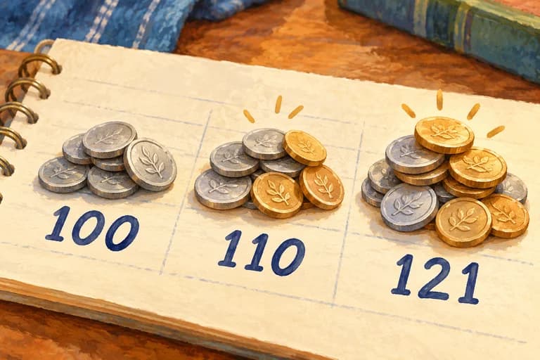 Growing coin piles above fictional balance entries of 100, 110, and 121.