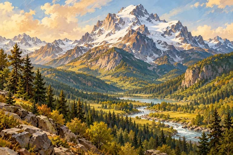 A snowy mountain rises above a green wooded valley.