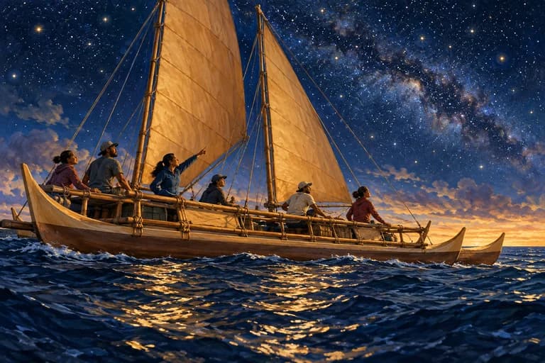 A double-hulled voyaging canoe beneath a starry sky.