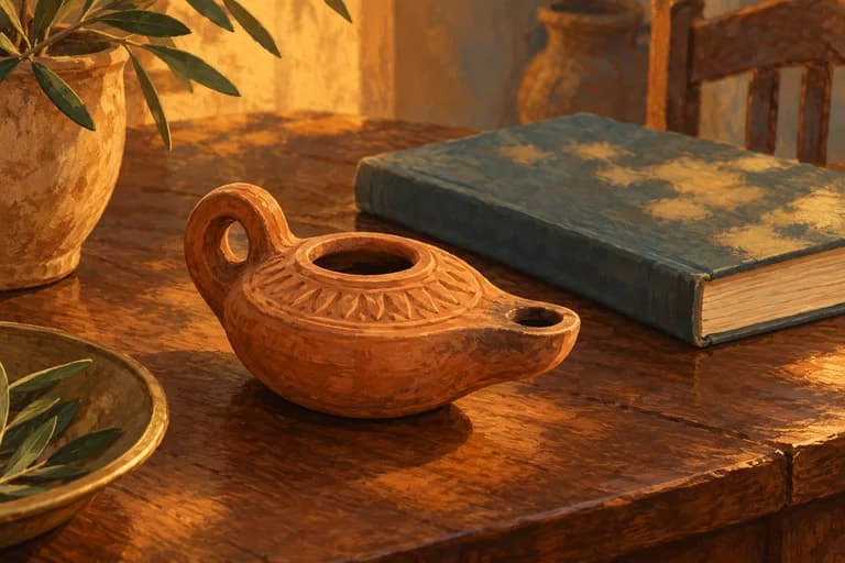 A small clay lamp beside a book in a dim room.
