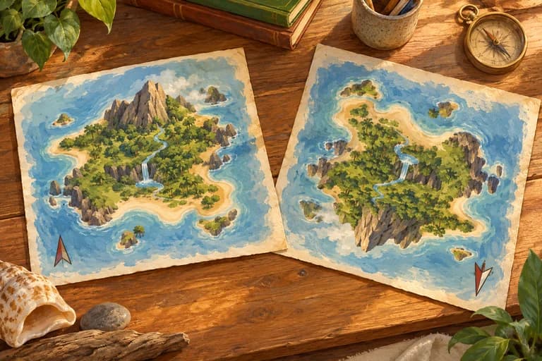 Two island maps in different orientations with direction pointers.