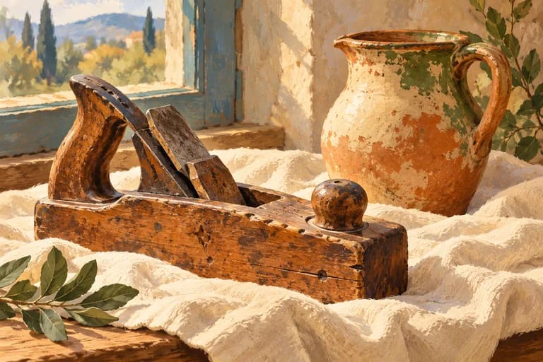 A worn wooden tool and a weathered ceramic jug.