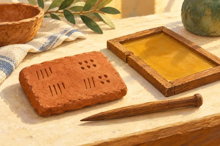 A clay tablet, stylus, and wooden writing frame.