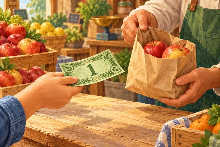 A customer offering a paper banknote in exchange for a bag of apples.