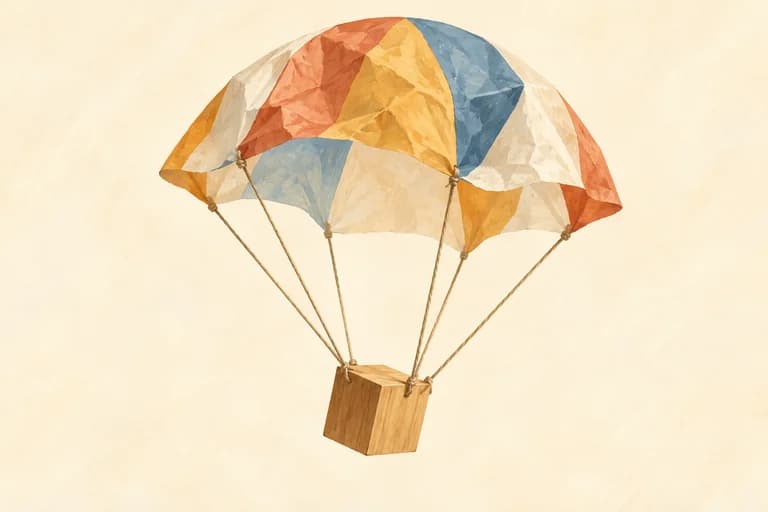 A small paper parachute suspending a wooden cube.