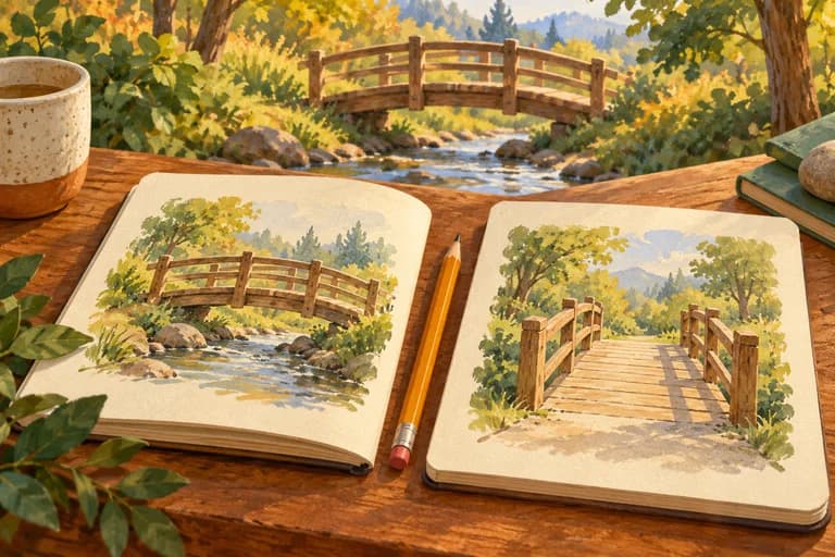 Two notebooks with different sketches of the same bridge.