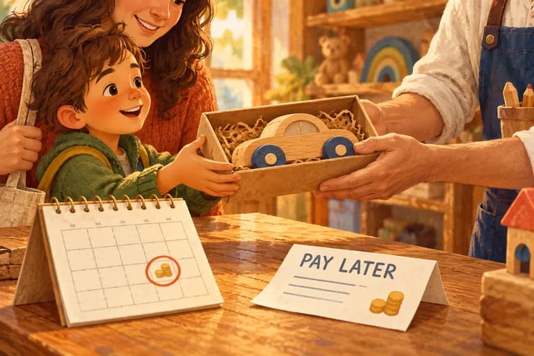 A child receiving a toy beside a Pay Later slip and a marked payment calendar.