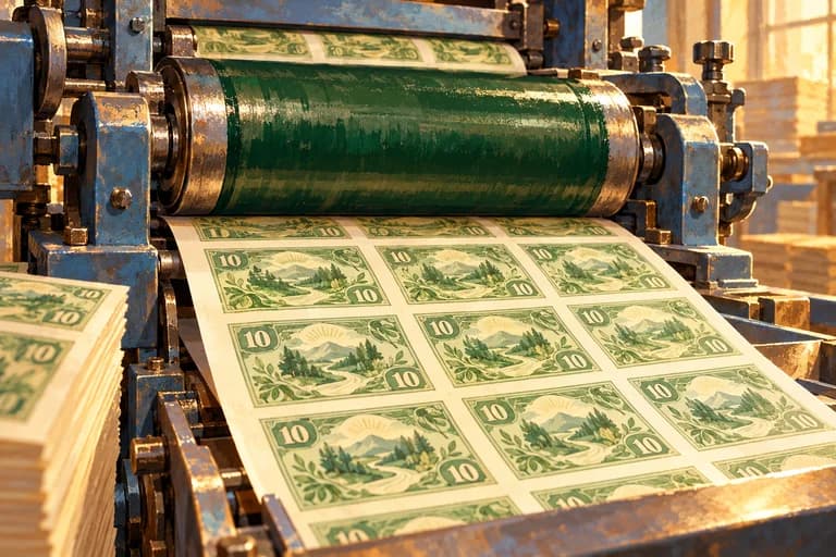 Sheets of illustrated banknotes emerging from a printing press.