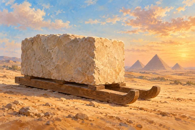A stone block on a wooden sledge in sand, with distant pyramids.