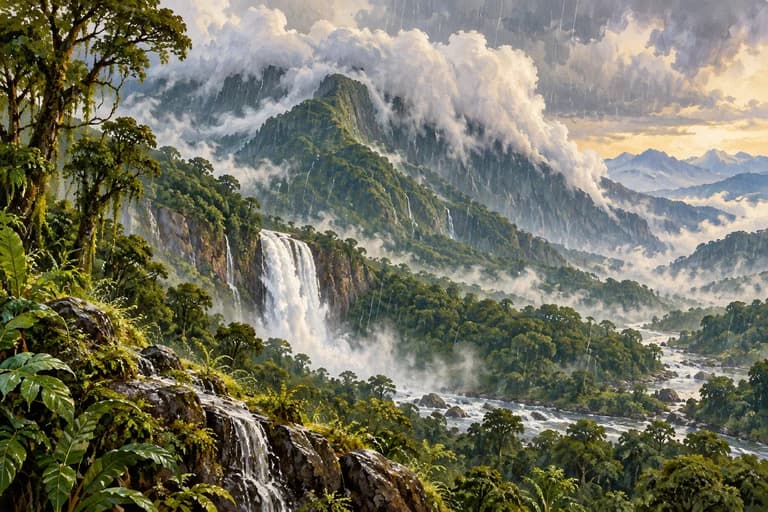 Rain clouds cover green mountains above a waterfall and wet forest.