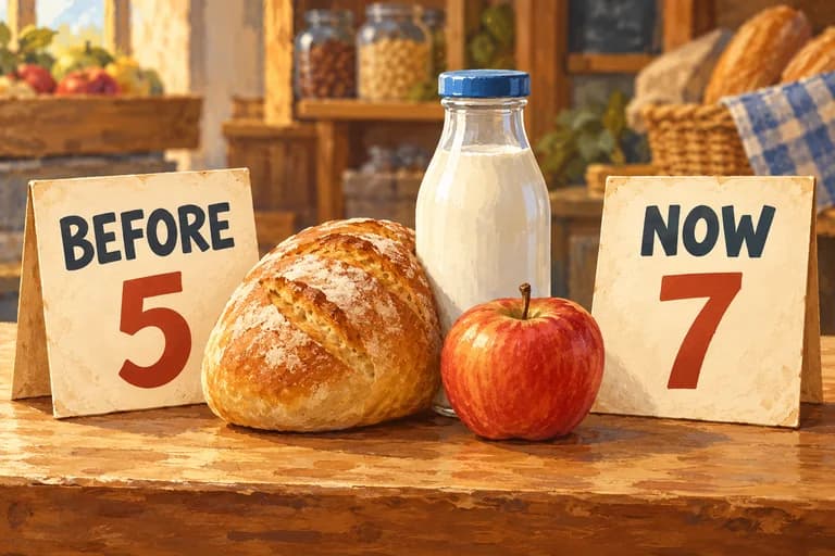 The same groceries beside pretend prices marked Before 5 and Now 7.