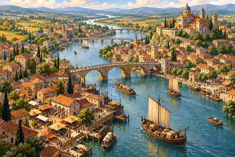 A fictional river city with bridges, boats and buildings along the banks.