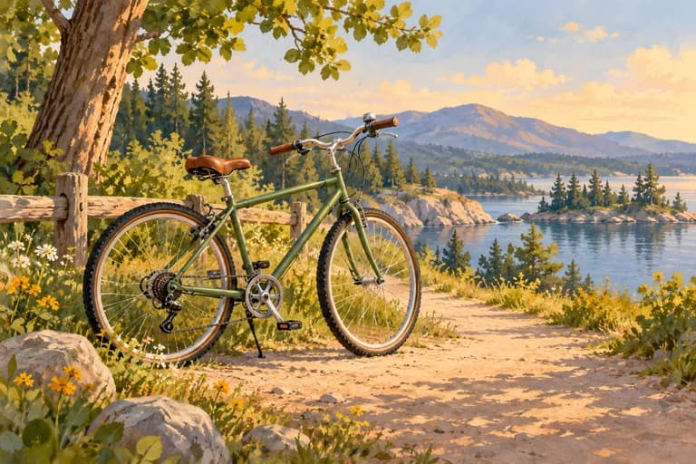 A green bicycle beside a quiet path.
