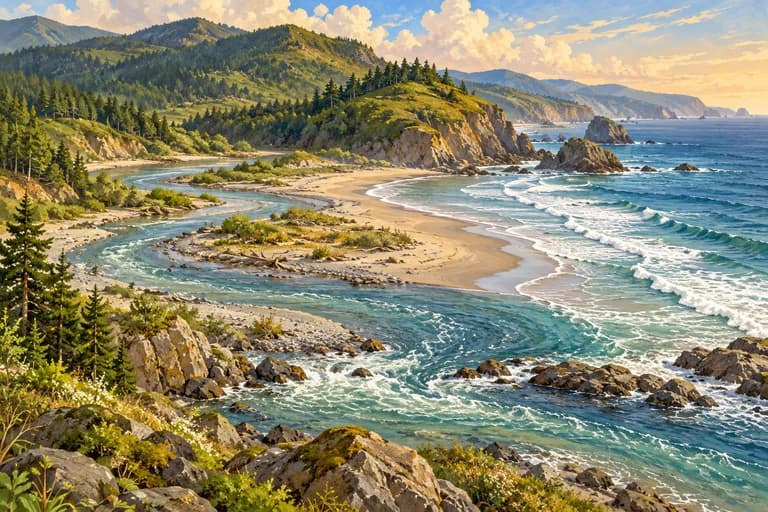 A river winds through rocky green land into the sea.
