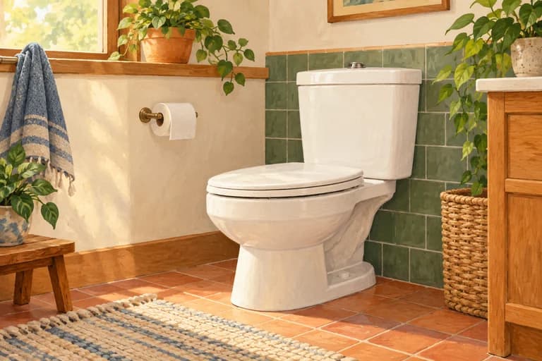 A clean white toilet with a closed tank and seat.