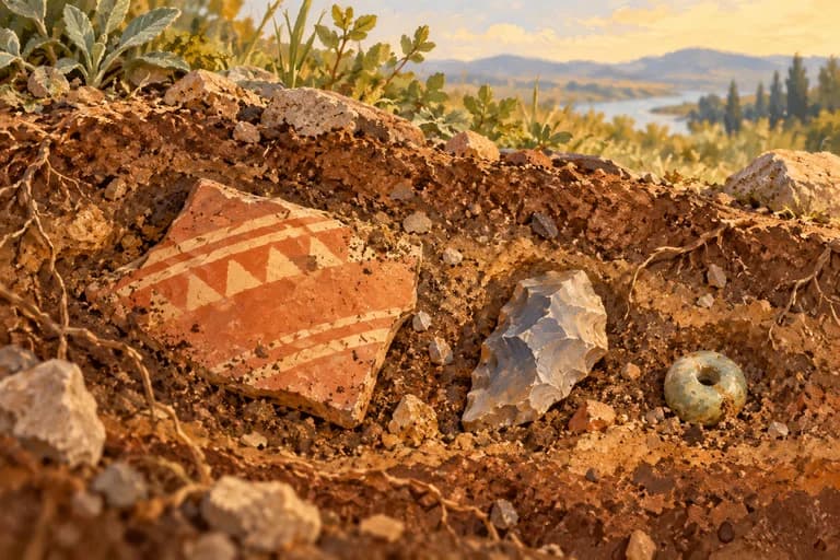 A pottery shard, stone, and bead partly revealed in earth.