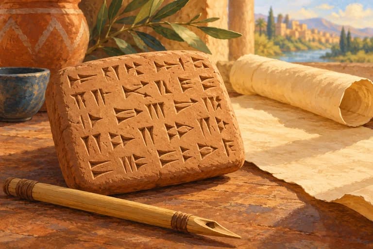 A clay tablet with wedge-shaped marks beside a reed stylus.