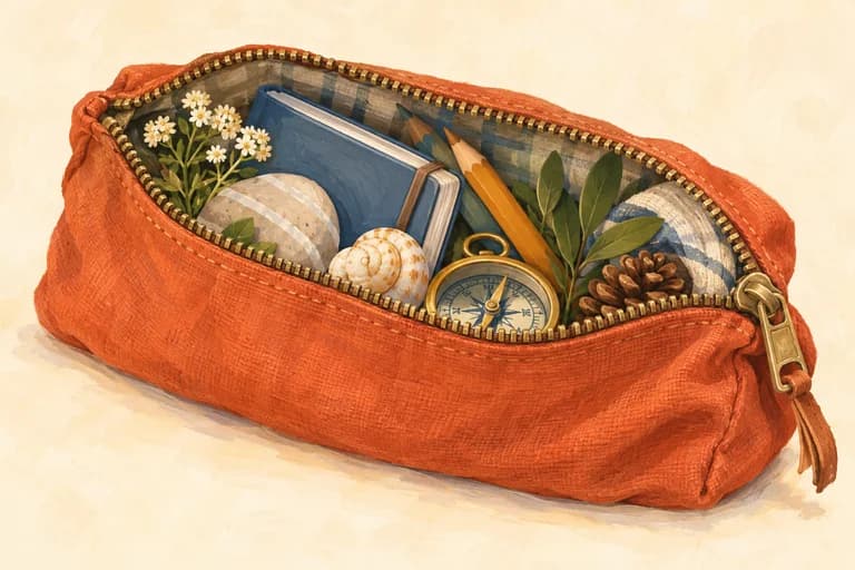 A partly open zipper on a terracotta cloth pouch.
