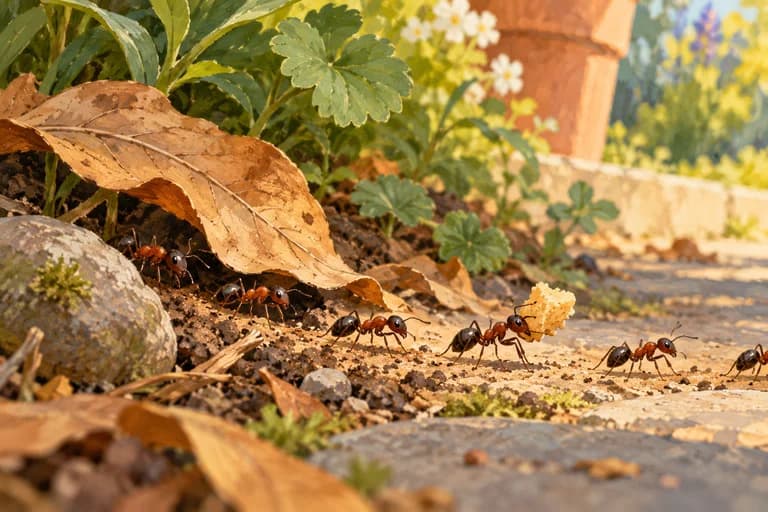 A trail of ants along a leafy garden edge.