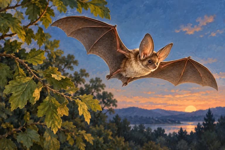 A bat flying near a leafy branch at dusk.