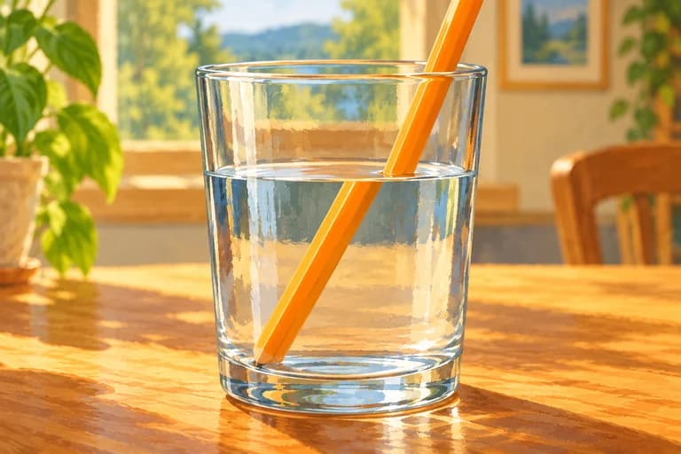 An orange straw in water appears broken, with its two visible sections offset at the waterline.